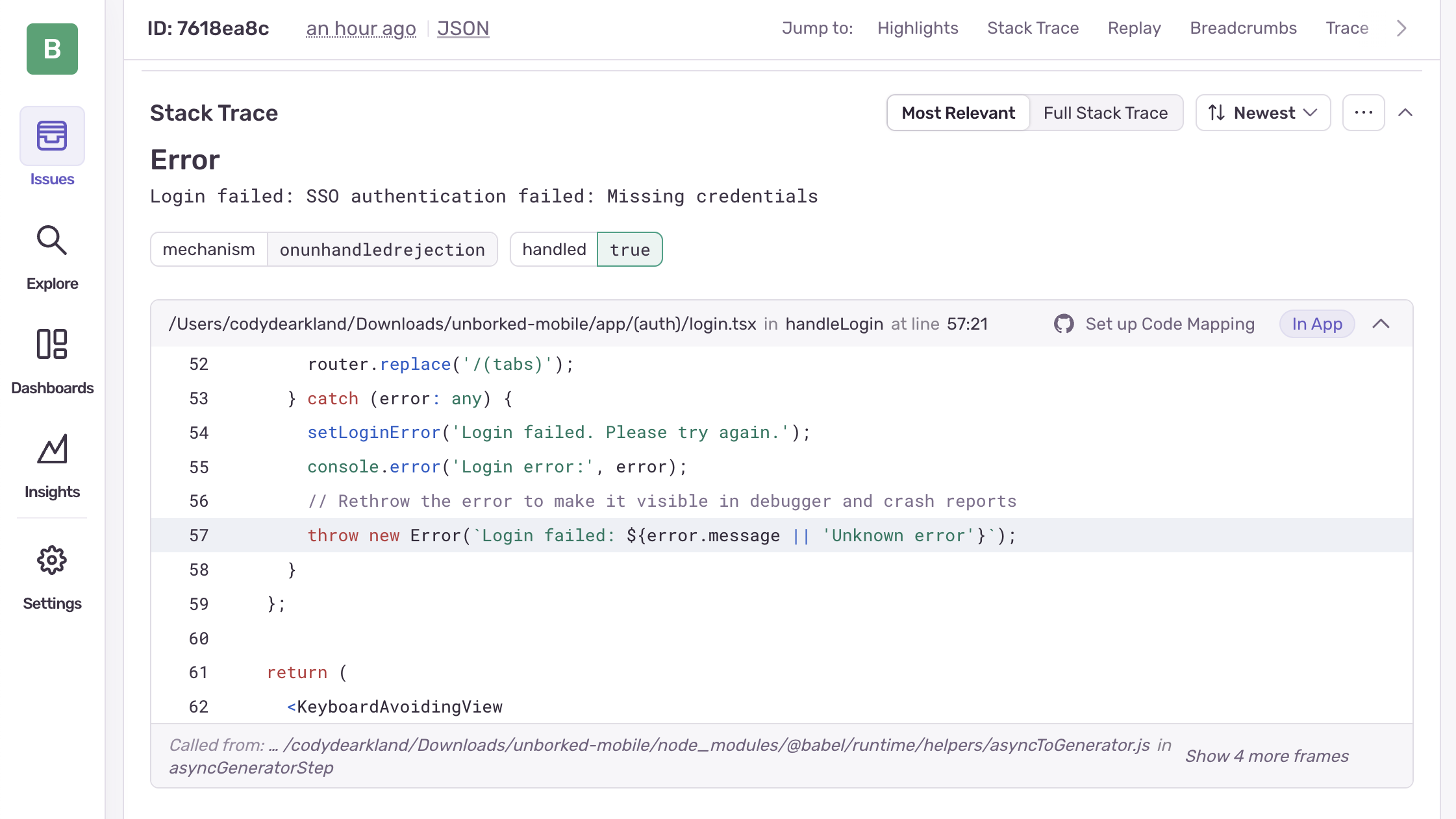 SSO Stacktrace